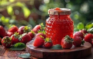 ai generato fragola marmellata nel bicchiere vaso e fresco fragole su di legno tavolo foto