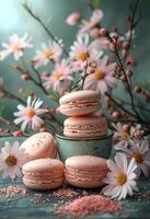 ai generato francese macarons e primavera fiori su buio sfondo foto