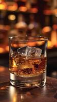 ai generato bicchiere di whisky con ghiaccio cubi su il di legno tavolo foto