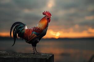 ai generato Gallo in piedi su di legno recinto a tramonto foto