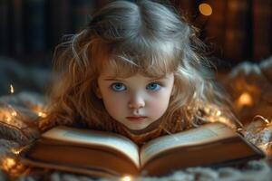 ai generato poco bellissimo ragazza è dire bugie su il letto con Aperto libro. foto