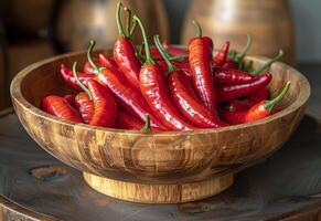 ai generato rosso chili peperoni nel di legno ciotola foto