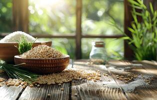 ai generato Marrone riso nel di legno ciotola e riso pianta su di legno tavolo con il riso campo sfondo foto