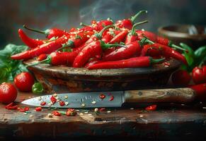 ai generato rosso caldo chili peperoni nel ciotola foto