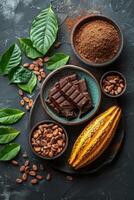 ai generato cacao fagioli cacao polvere cacao burro e cacao baccello su nero sfondo foto