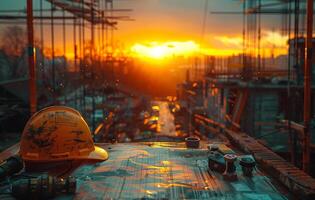 ai generato costruzione lavoratori sicurezza casco e opera utensili con tramonto cielo nel il sfondo foto