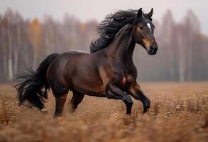 ai generato nero cavallo corre su il campo nel autunno foto