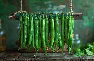 ai generato verde chili peperoni su di legno tavola foto