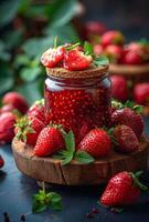 ai generato fragola marmellata nel bicchiere vaso e fresco fragole su buio sfondo foto