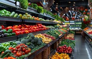 ai generato drogheria memorizzare produrre corridoio con grande selezione di fresco verdure e frutta foto