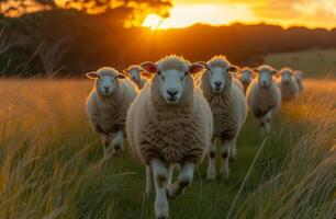 ai generato pecora in esecuzione nel campo a tramonto foto