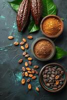 ai generato cacao polvere cacao fagioli e cacao baccelli su buio sfondo. superiore Visualizza. foto