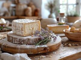 ai generato formaggio e fresco lavanda su il tavolo provence interno foto