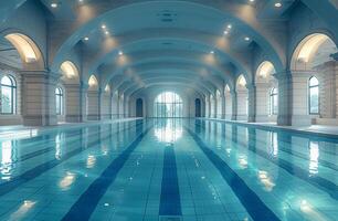 ai generato interno nuoto piscina con blu acqua foto