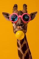 ai generato divertente giraffa con rosa occhiali da sole e masticazione palla foto