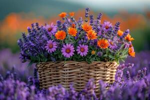 ai generato cestino con lavanda e arancia fiori foto