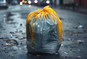 ai generato grande plastica Borsa è pieno con spazzatura su bagnato strada. foto