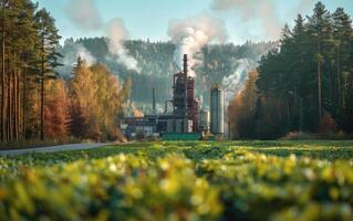 ai generato grande fabbrica è circondato di alberi e campo di verde erba. foto