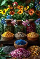 ai generato il naturale medicina erbaceo medicinali e vecchio farmacia con erbe aromatiche e fiori foto