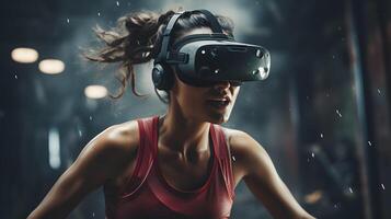 ai generato un' bellissimo donna impegnato nel un' virtuale allenarsi con il fusione di tecnologia e fitness foto