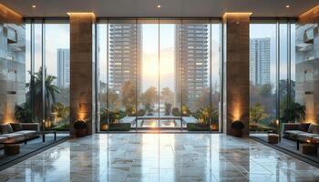 ai generato moderno Hotel atrio con marmo pavimento e panoramico finestre prospiciente il città foto