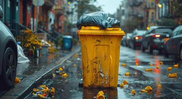 ai generato giallo spazzatura può e spazzatura borse su il strada dopo pioggia foto