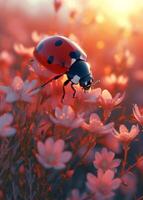 ai generato coccinella su fiore nel il luce del sole foto