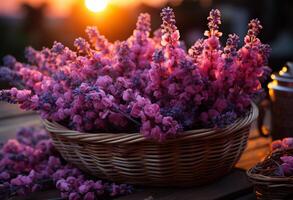 ai generato cestino con lavanda fiori su il tavolo nel il tramonto leggero foto