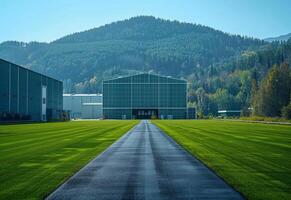 ai generato grande hangar e strada principale per esso foto