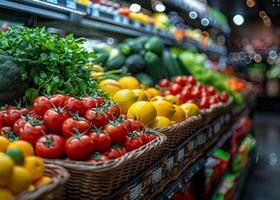 ai generato fresco biologico verdure e frutta nel il supermercato foto
