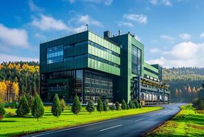 ai generato moderno verde ufficio edificio nel il foresta foto