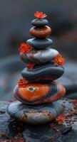 ai generato zen pietre e arancia fiori su nero sfondo foto