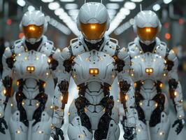 ai generato robot esercito a piedi nel riga camera Visualizza foto