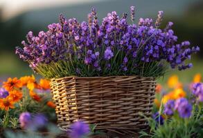 ai generato lavanda fiori nel il cestino foto