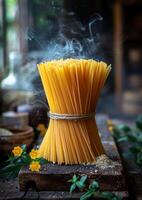 ai generato crudo spaghetti su di legno tavolo con Fumo e fiori foto