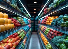 ai generato supermercato isola con scaffali pieno di fresco frutta e verdure foto