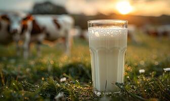 ai generato bicchiere di latte su il erba con mucche nel il sfondo foto