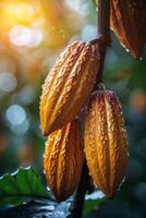 ai generato cacao frutta sospeso su albero cacao piantagione foto