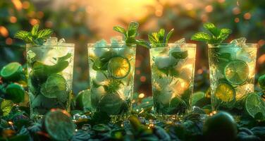 ai generato quattro bicchieri di Mojito cocktail su soleggiato giorno foto