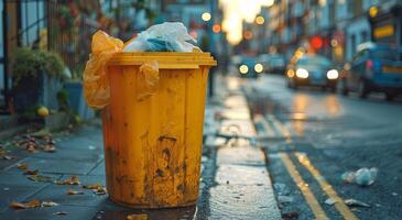 ai generato giallo bidone traboccante con sciocchezze su strada foto