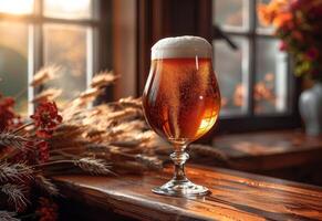 ai generato bicchiere di freddo leggero birra con schiuma su il di legno bar contatore nel pub foto