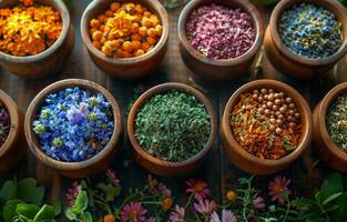 ai generato il antico ayurvedico medicina erbe aromatiche foto