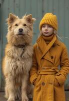 ai generato un' ragazza in piedi Il prossimo per un' grande cane nel un arancia cappotto foto