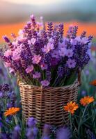 ai generato cestino con lavanda e calendola fiori su campo foto