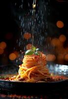 ai generato spaghetti con pomodoro salsa e basilico su nero sfondo foto