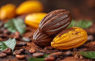 ai generato cioccolato caramelle e caffè fagioli su buio sfondo foto