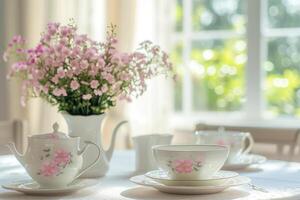 ai generato elegante tavolo ambientazione con delicato floreale a tema piatti. generativo ai foto