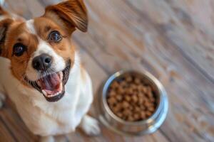 ai generato bellissimo adorabile cane seduta Il prossimo per un' cibo ciotola. carino domestico animale. generativo ai foto