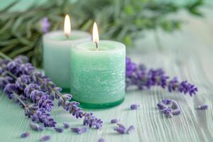 ai generato viola e menta verde candele con lavanda fiori su sfondo. generativo ai foto