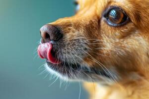 ai generato adorabile cane leccata suo labbro. cane mostrando piccolo lingua. generativo ai foto